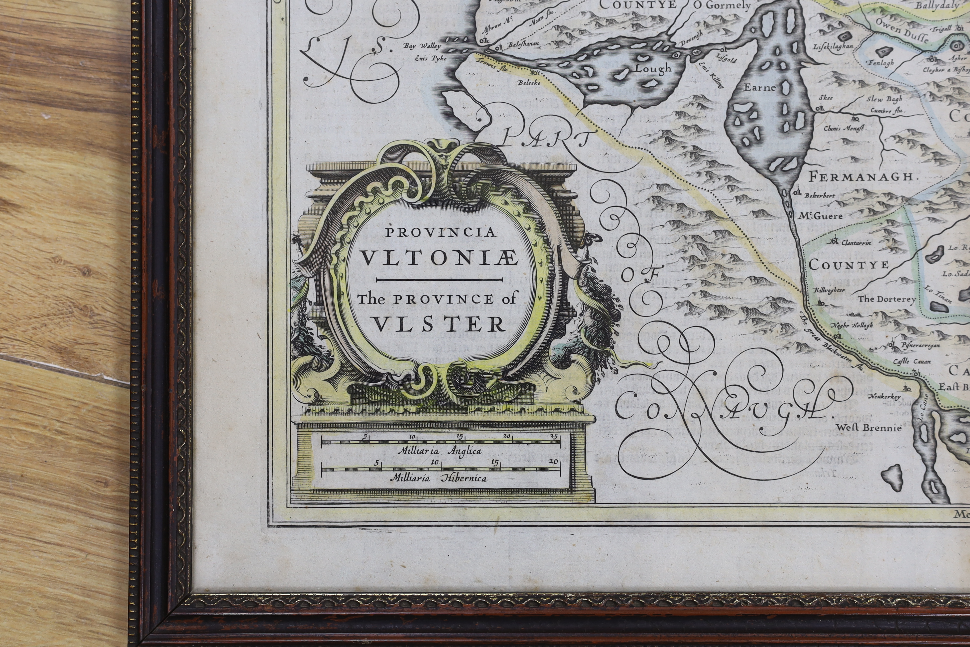 Johannes Jansson (Dutch, 1588-1664), hand-coloured map, The Province of Ulster, Northern Ireland, text verso, 44 x 54cm